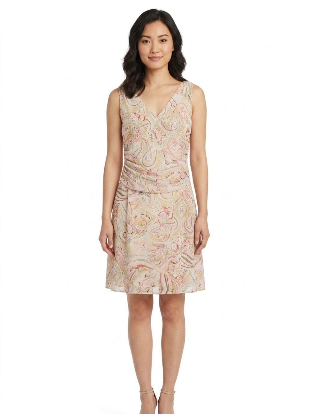 Vintage Giorgio Fiorlini Pink Paisley Ruched V-Neck Dress Women Size 8